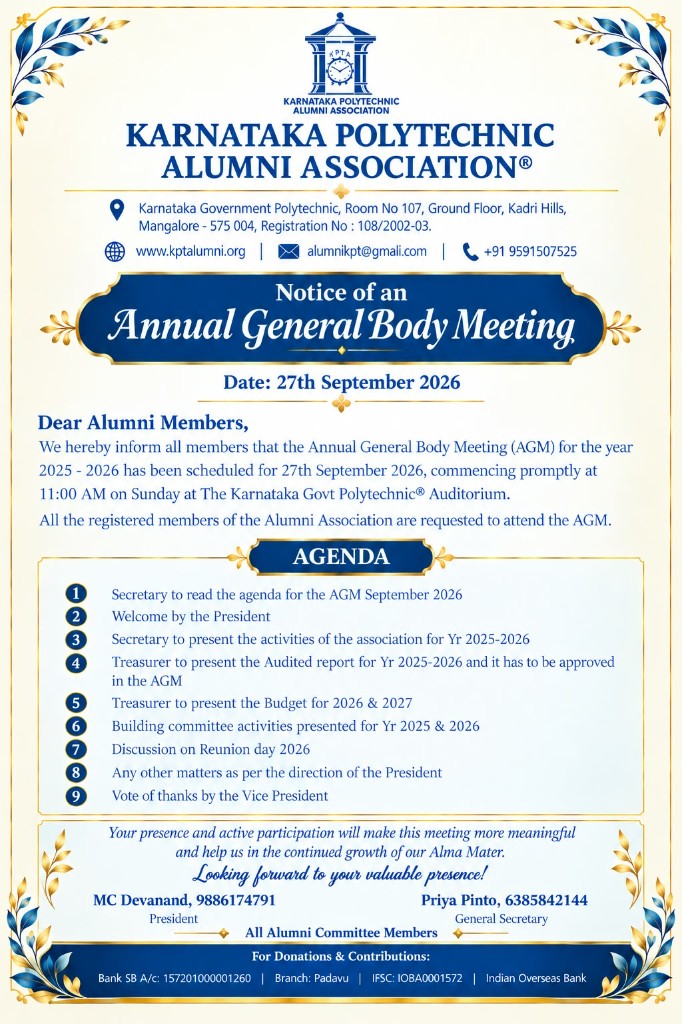 Notice of Karnataka Polytechnic Alumni Association Annual General Body Meeting (AGM) scheduled for September 27th, 2026, at 11:00 AM at the Polytechnic Auditorium.